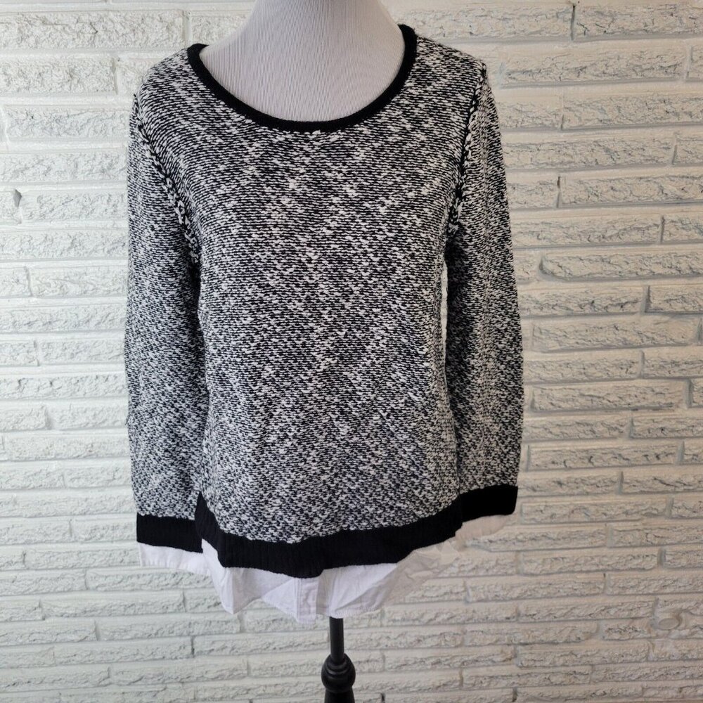 AB Studio Women Sweater XL Black White Marled Cotton Knit Pullover SWE146E